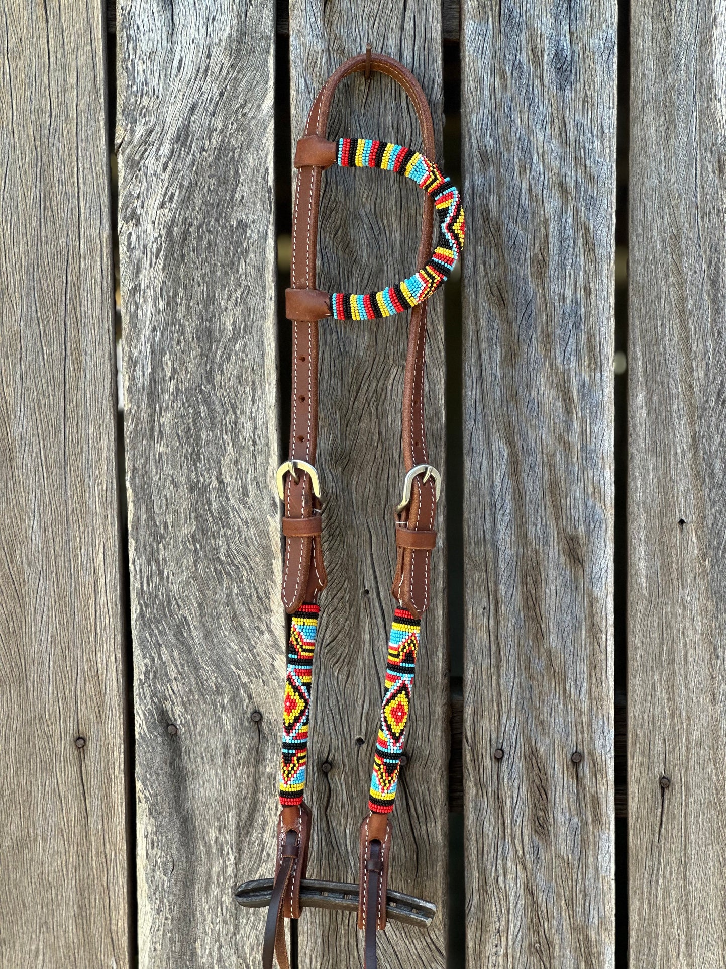 Harness Leather One Eared Beaded Bridle With Southwest Design