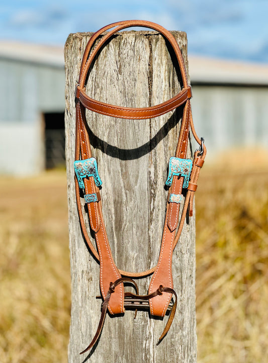 Dustybutts Browband Bridle With Antique Teal Floral Buckle Design// Medium Oil