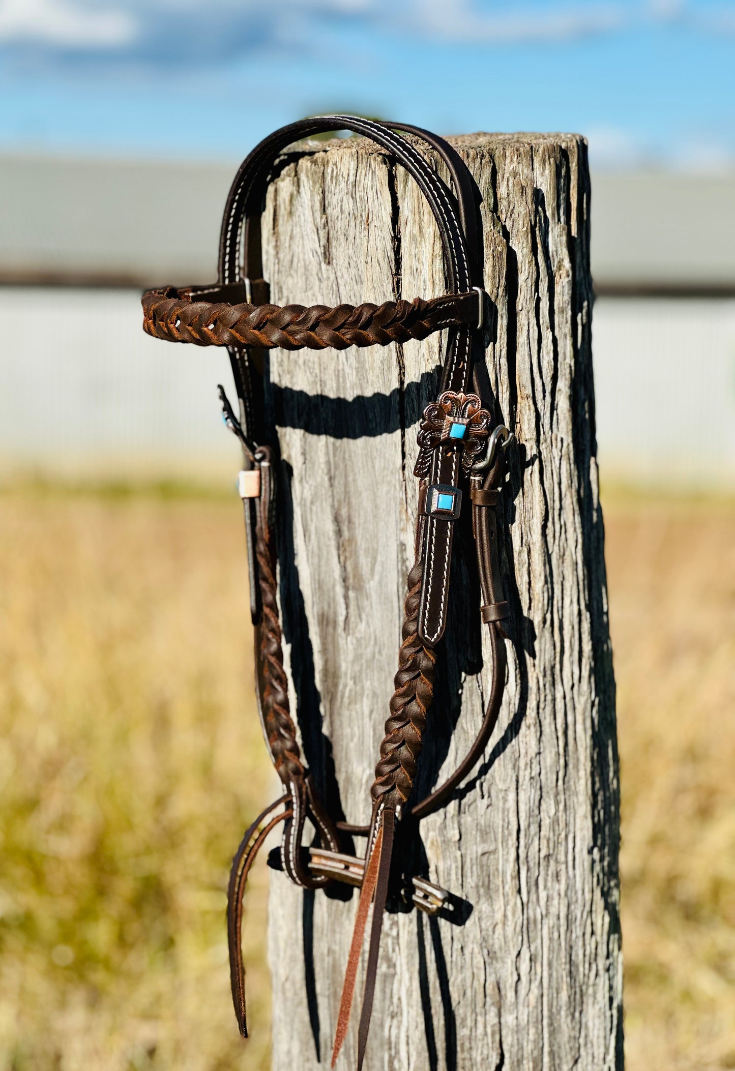 Harness Leather Braided Browband Bridle With Copper Buckle & Turquoise Stone Detail