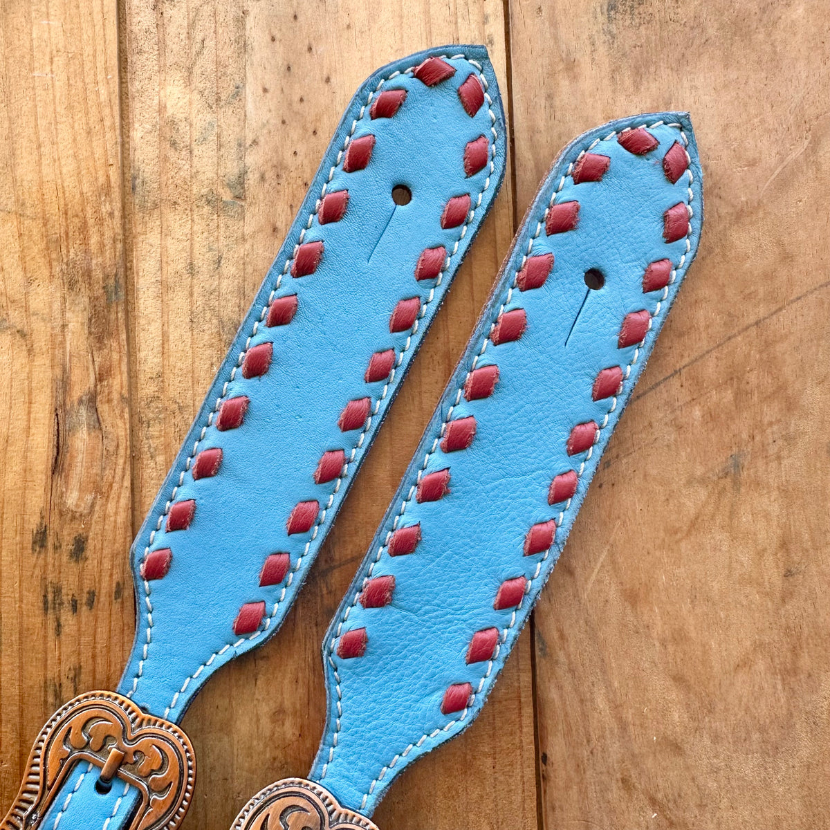 Turquoise Leather Spur Straps With Red Buckstitch