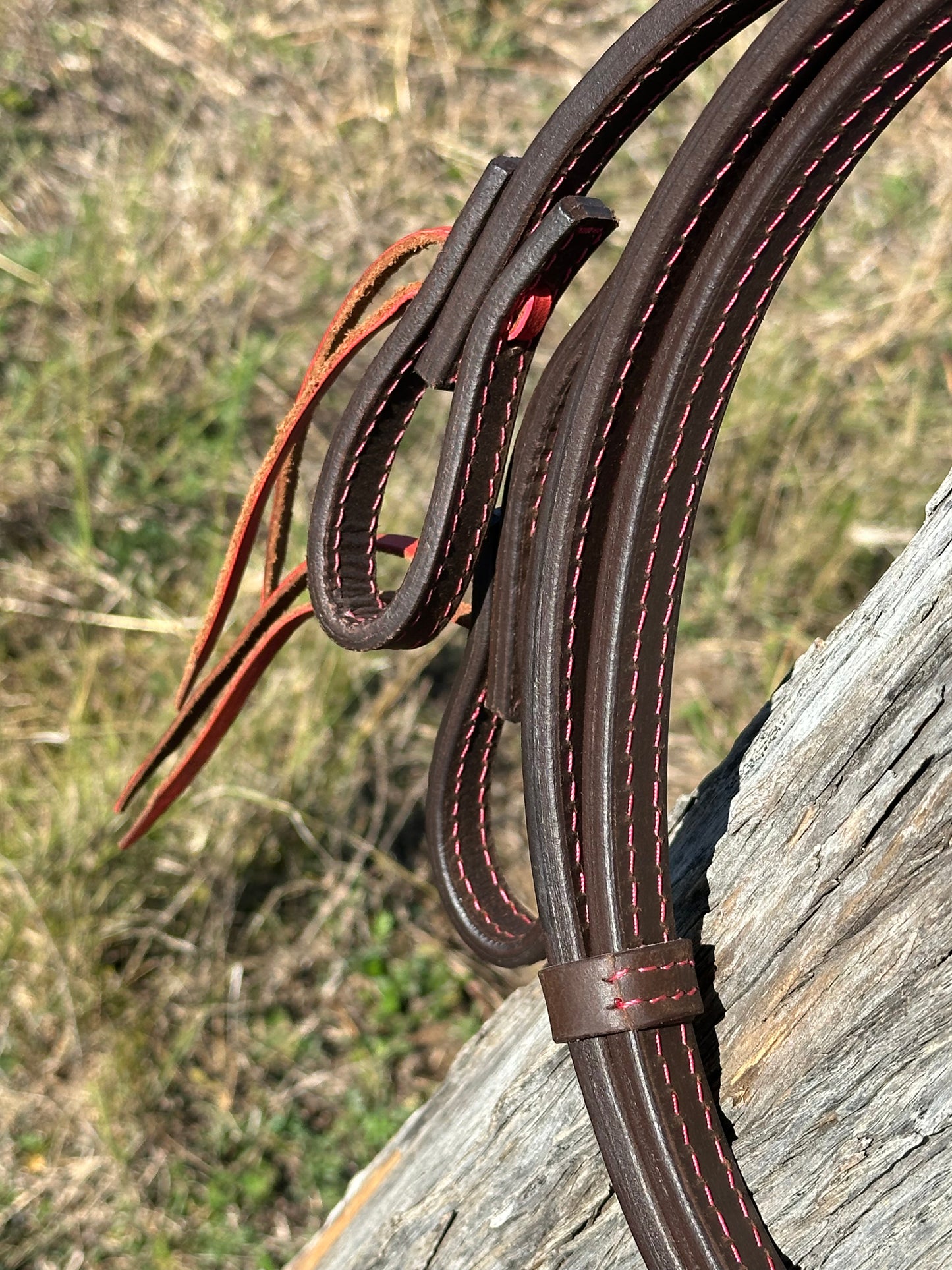 Dustybutts 5/8” Oiled Harness Leather Split Reins // Pink Stitching & Ties