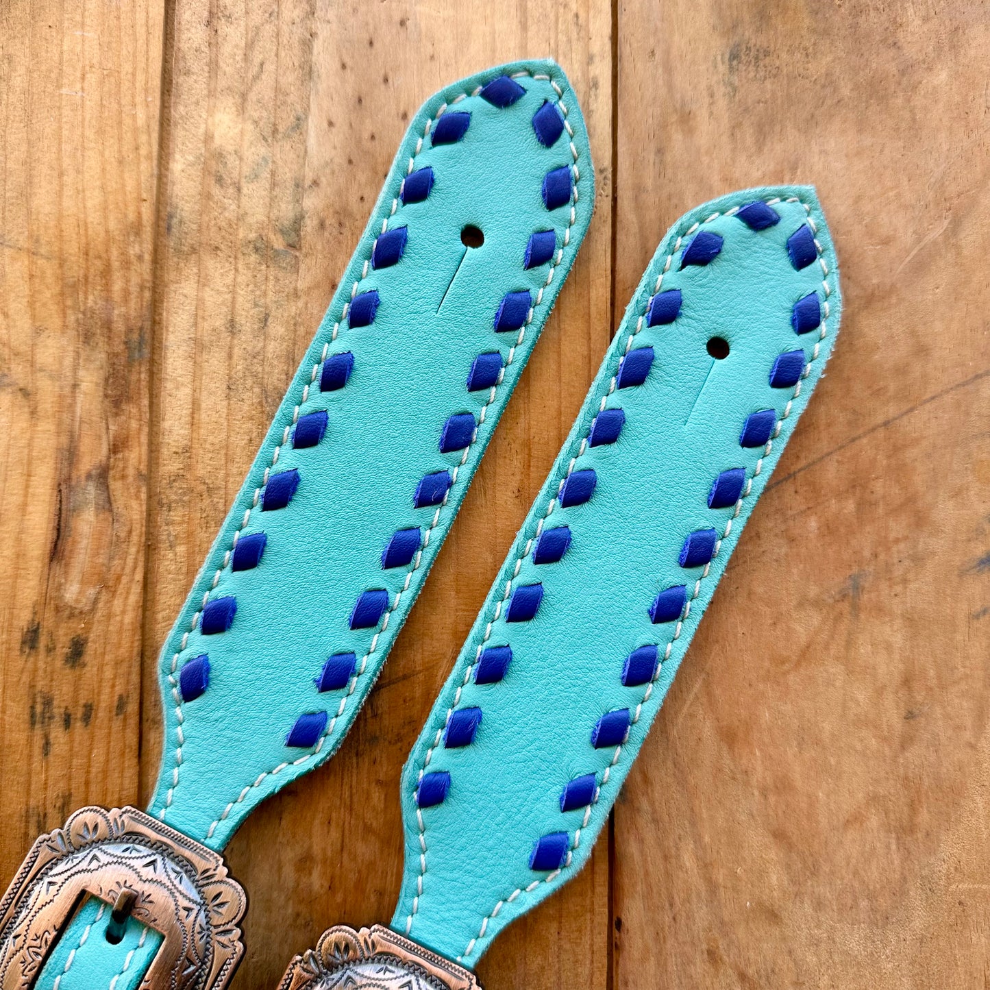 Teal Leather Spur Straps With Dark Blue Buckstitch