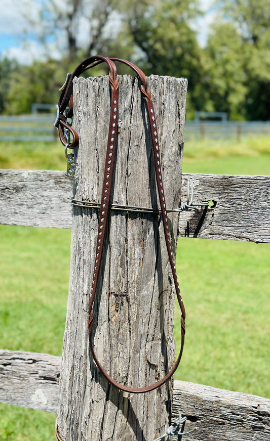 Dustybutts Harness Leather Buckstitch And Bloodknot Barrel Reins - Silver
