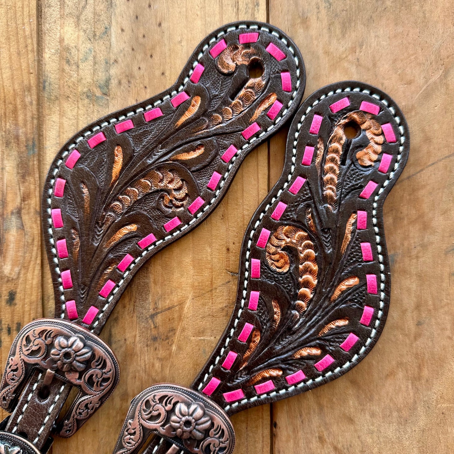 Leather Spur Straps With Floral Design & Pink Buckstitch