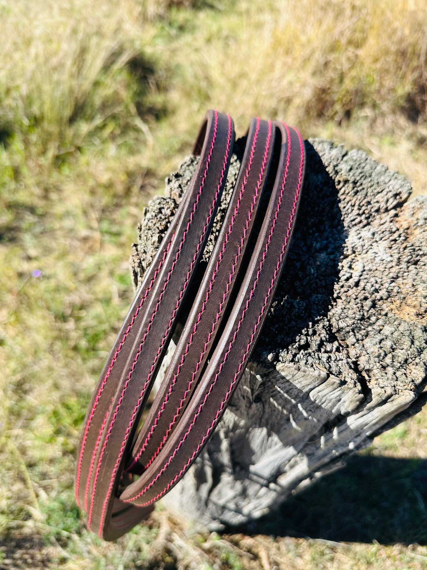 Dustybutts 5/8” Oiled Harness Leather Split Reins // Pink Stitching & Ties