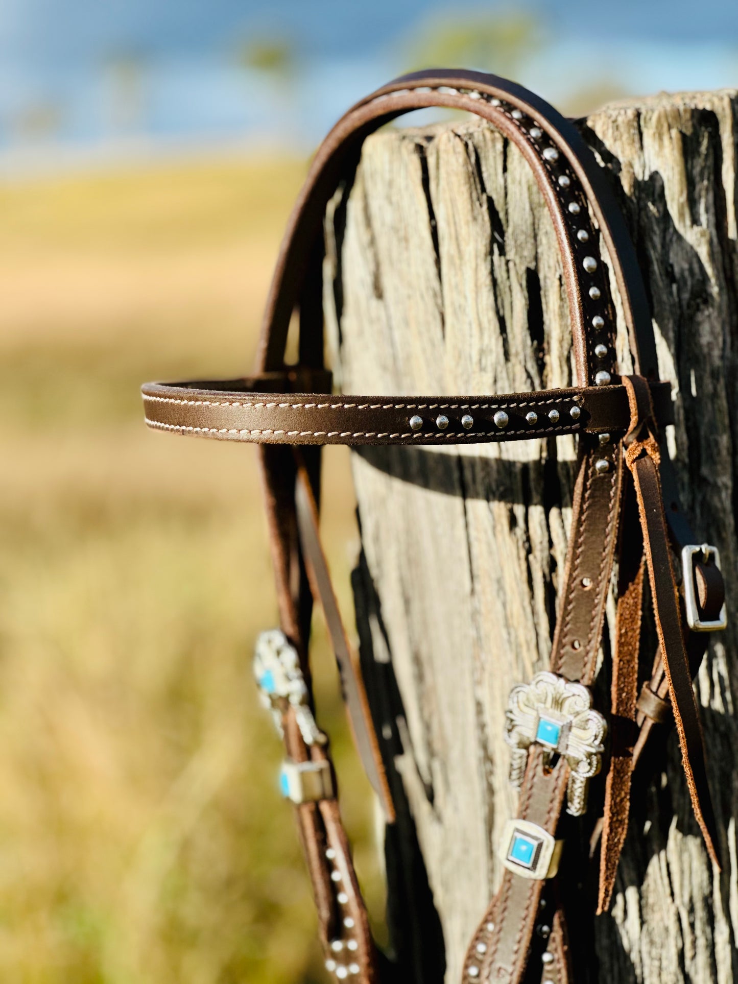 Dustybutts Leather Bridle With Turquoise & Silver Buckles, Conchos & Silver Studs