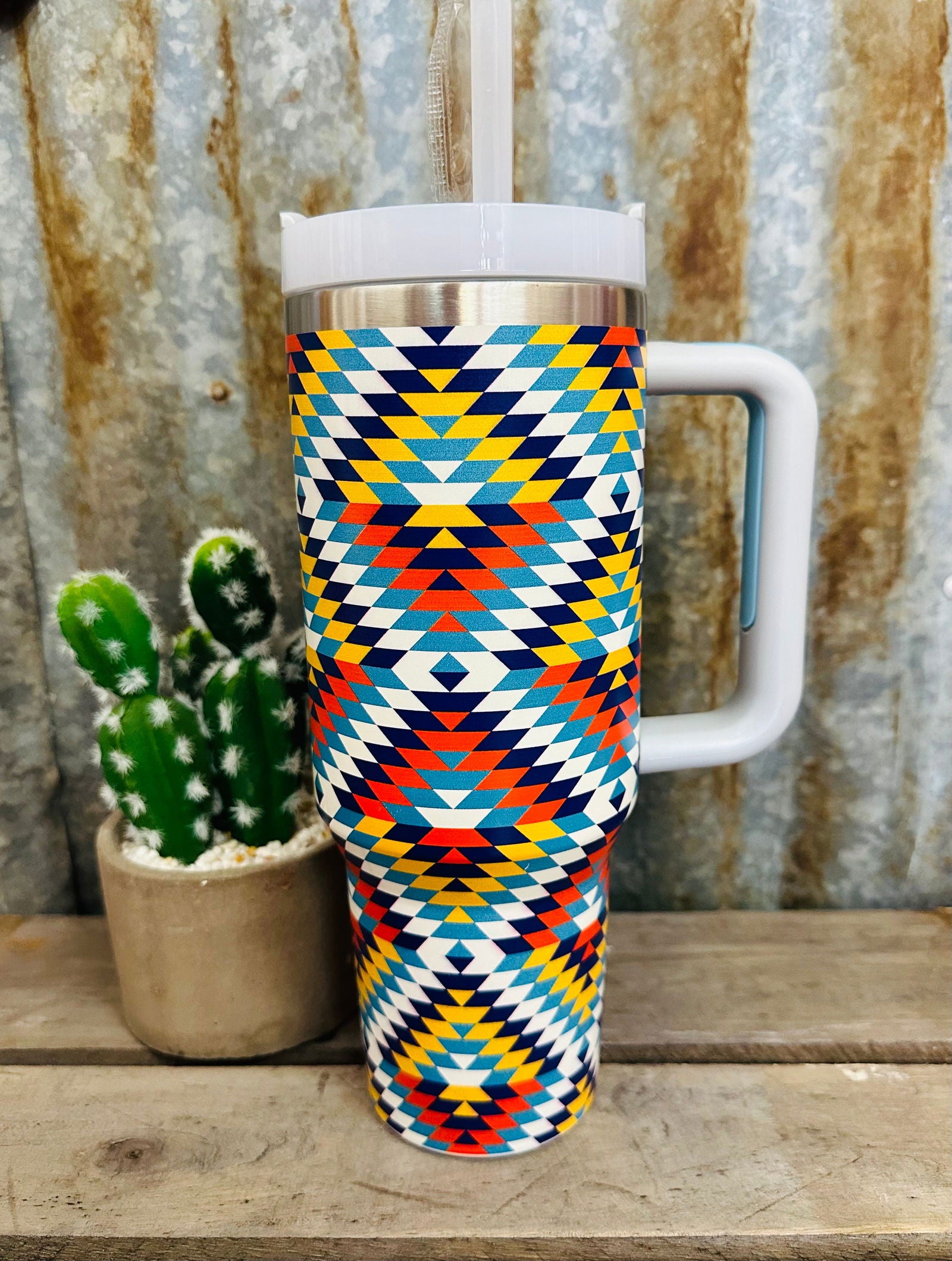 40oz Aztec Tumbler // Yellow, Red & White - Homewares - Dustybutts Australia