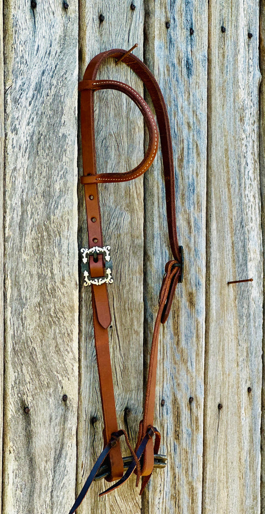 Oiled Harness Leather One Eared Bridle With Antique Floral Buckles