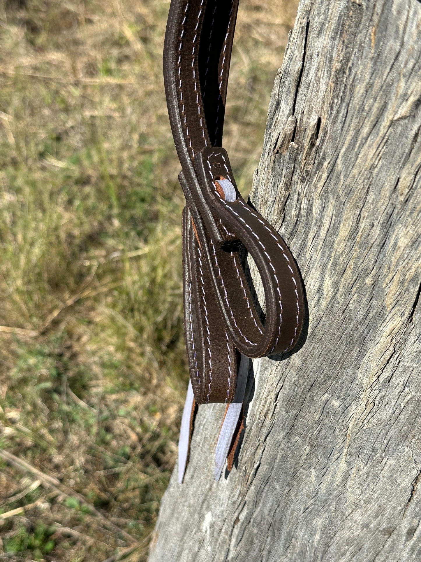 Dustybutts 5/8” Oiled Harness Leather Split Reins // Light Purple Stitching & Ties