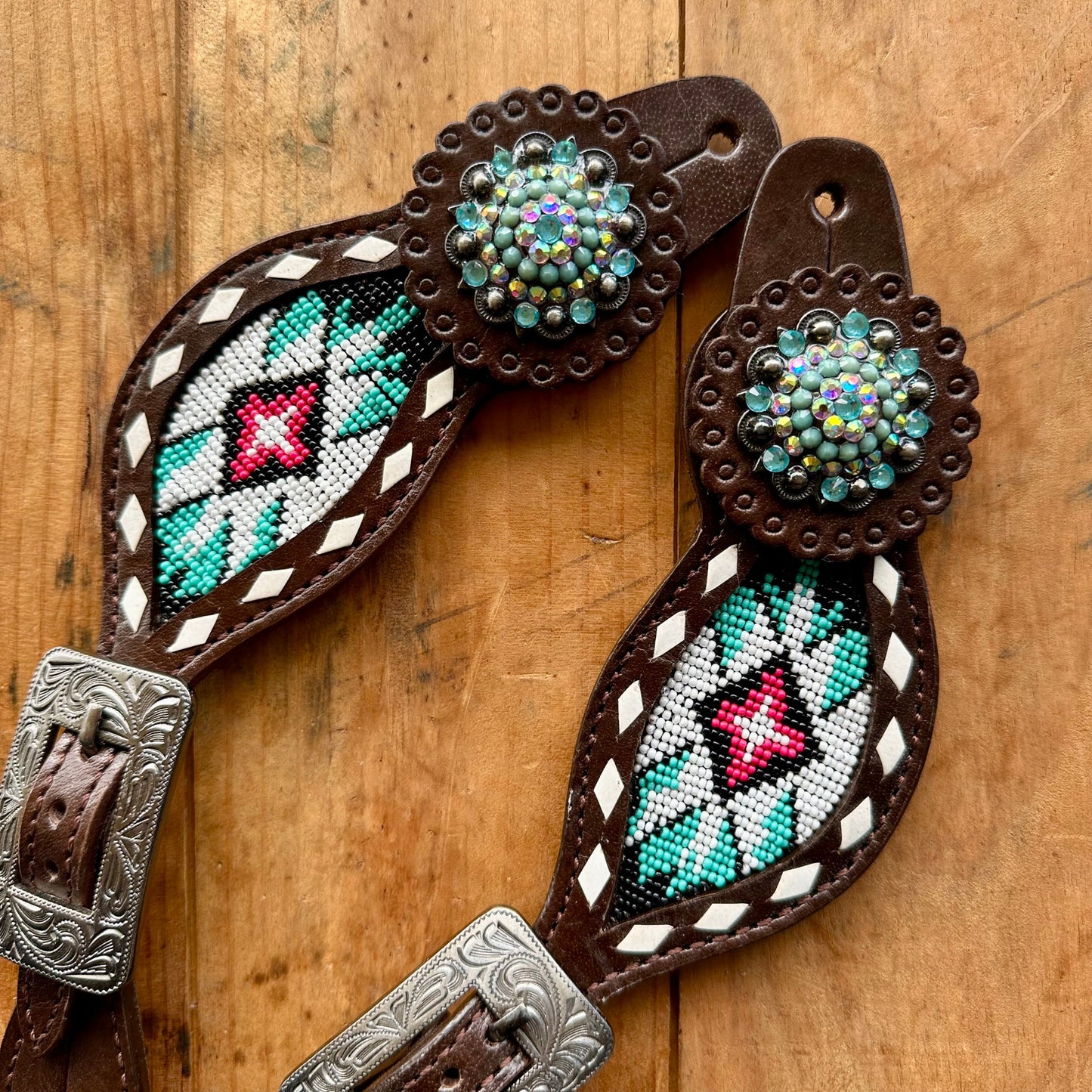 Pink and Teal Beaded Ladies Spur Straps With Bling Conchos