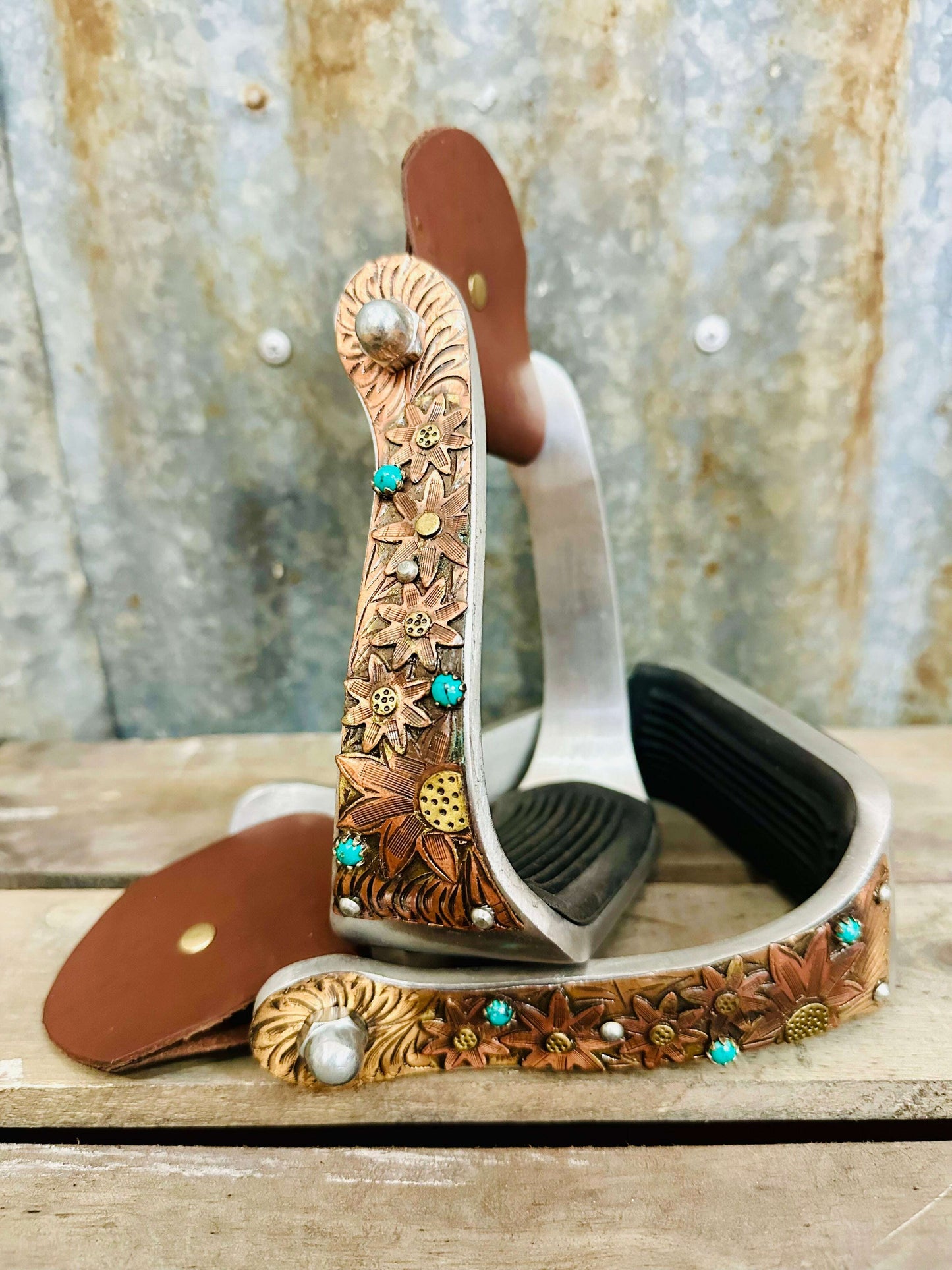 aluminium-copper-flower-stirrups-with-turquoise-stones-stirrups---dustybutts-australia-35929604
