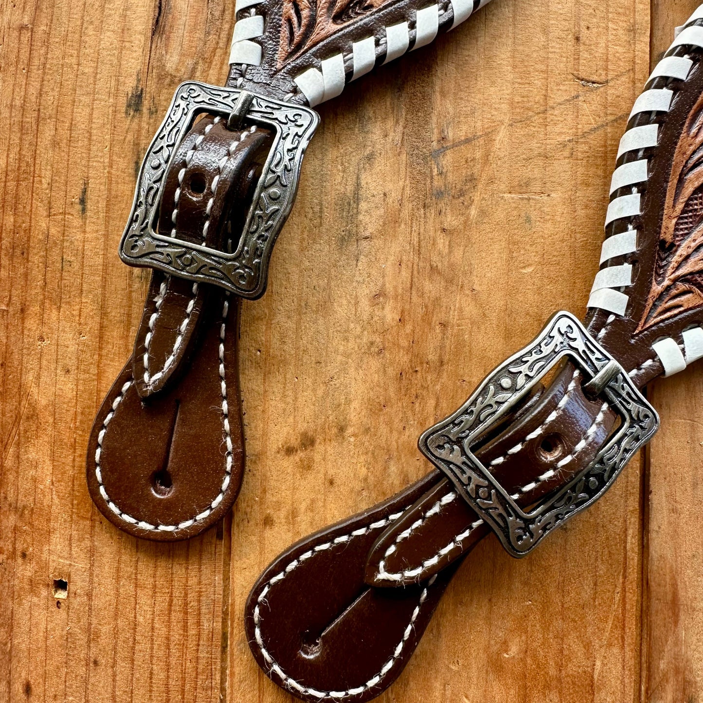 Ladies Leather Spur Strap With Tooled Leather & Rawhide Whip Stitch Edges