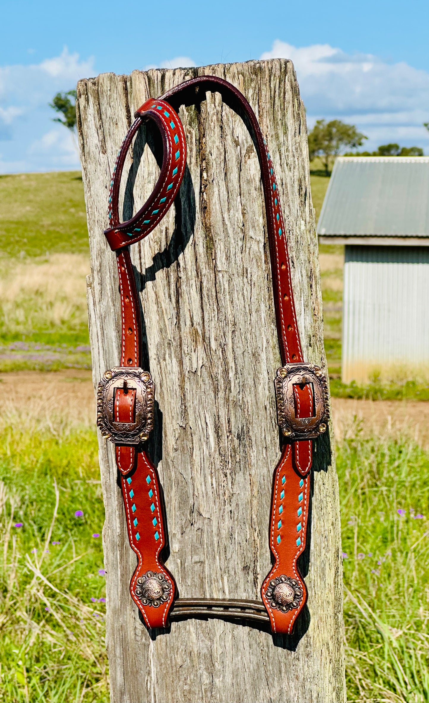 Dustybutts Leather One Eared Bridle With Turquoise Buckstitch - Medium Oil
