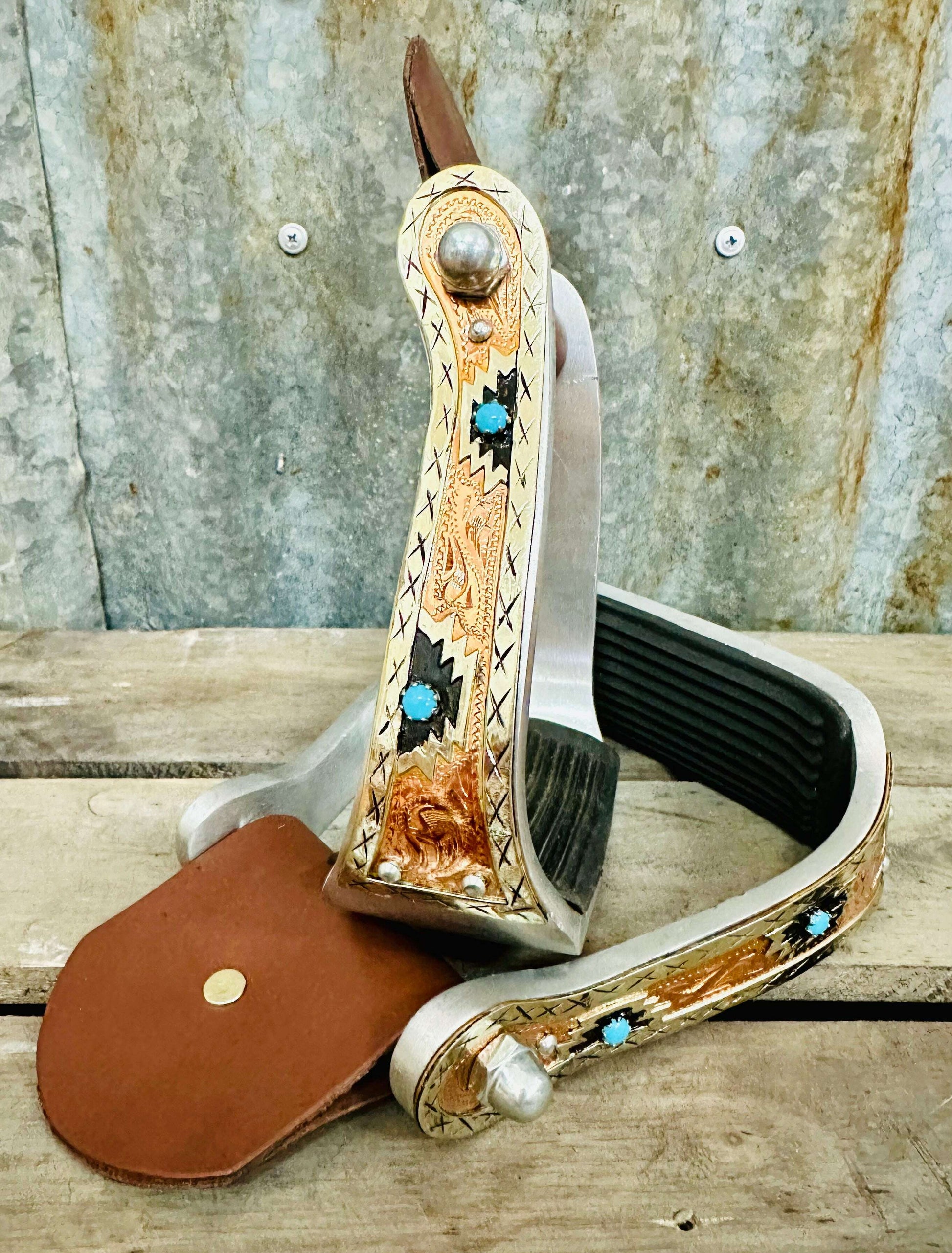 aluminium-copper-aztec-stirrups-with-turquoise-stones-stirrups---dustybutts-australia-35929592
