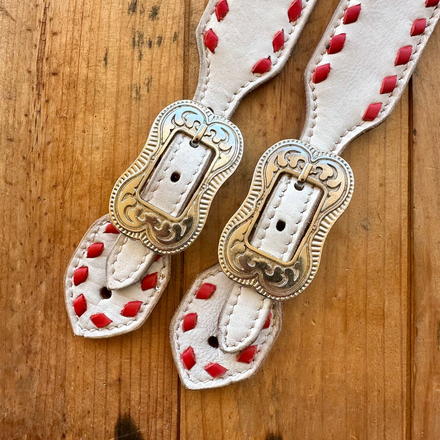 White Leather Spur Straps With Red Buckstitch