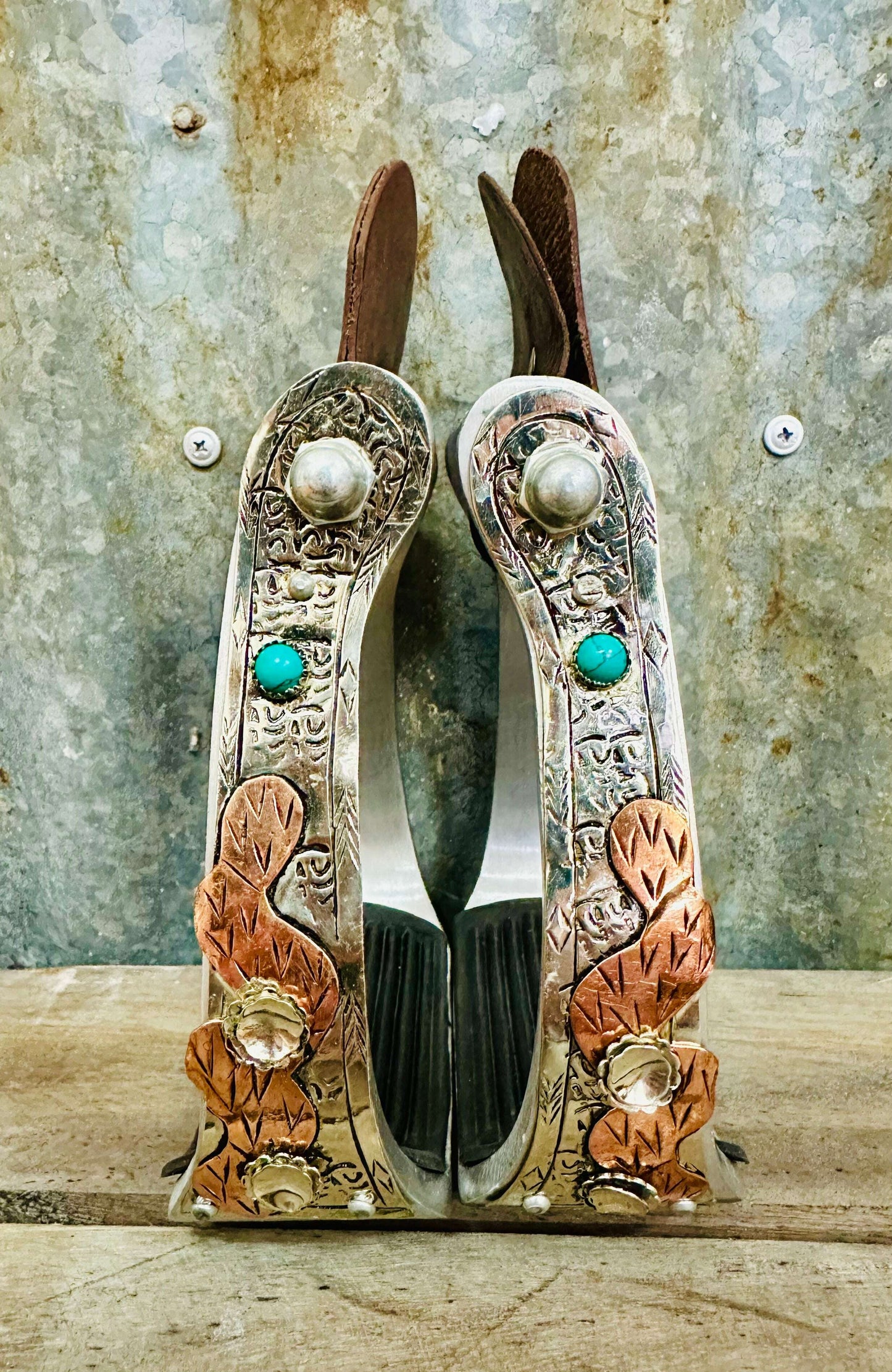aluminium-copper-cactus-stirrups-with-turquoise-stones-stirrups---dustybutts-australia-35929602