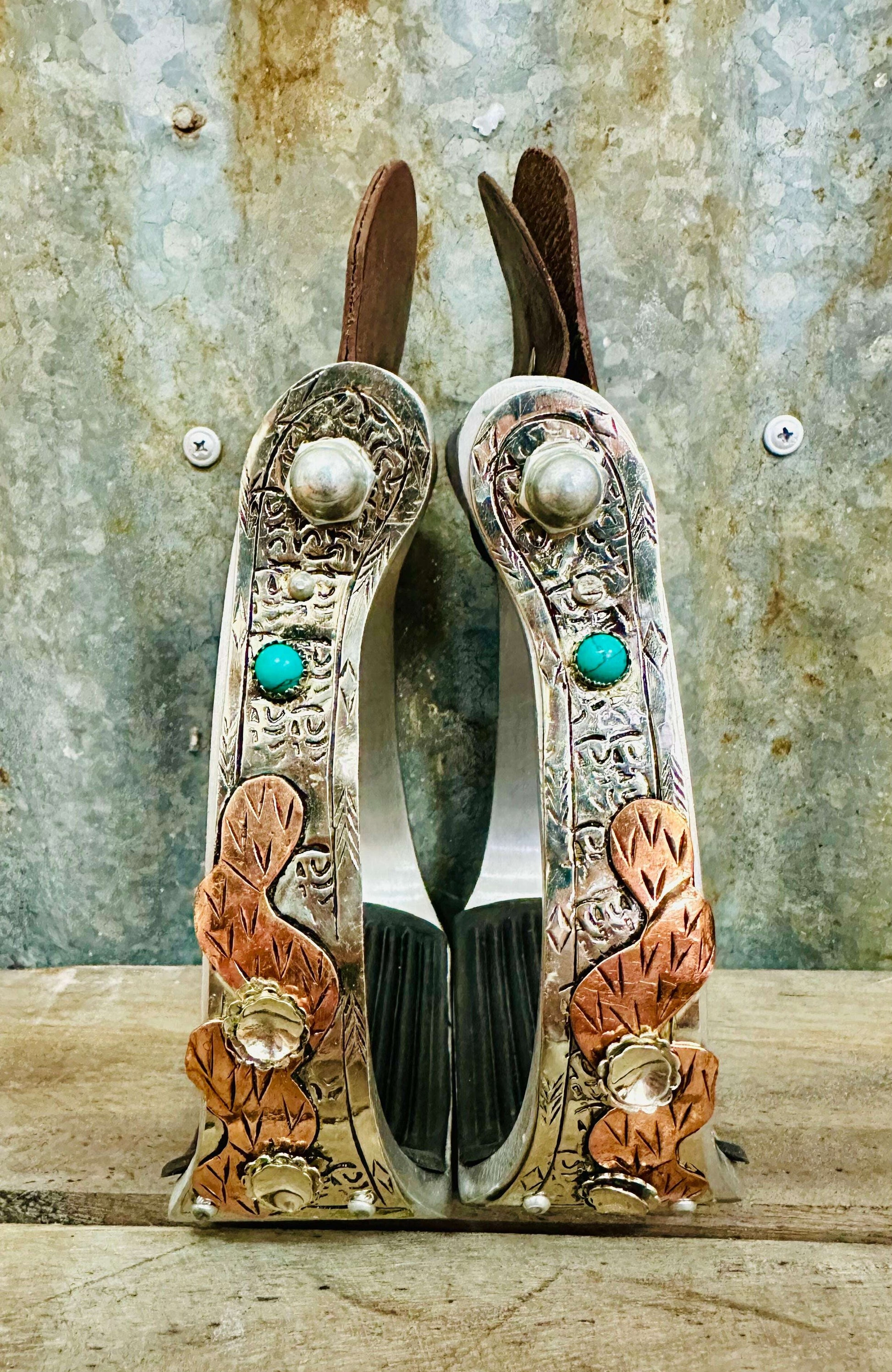 aluminium-copper-cactus-stirrups-with-turquoise-stones-stirrups---dustybutts-australia-35929602