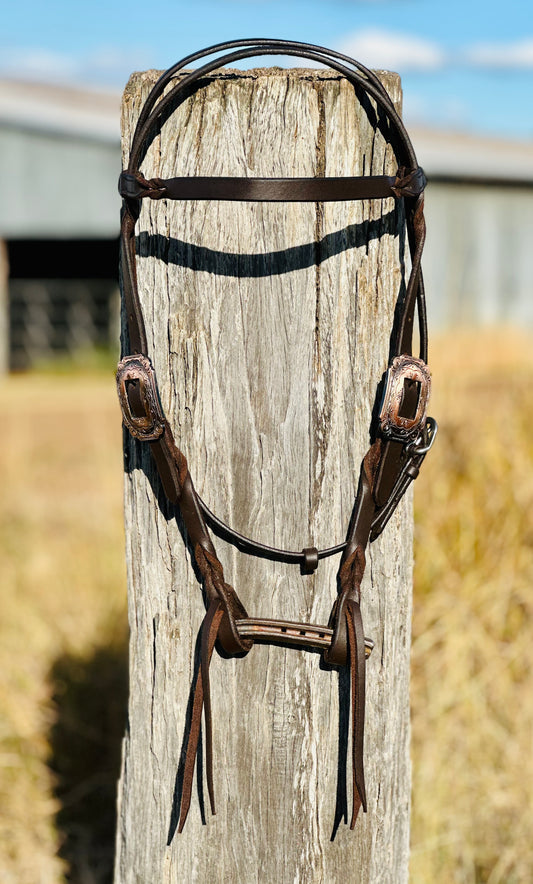 Harness Leather Bloodknot Browband Bridle With Copper Engraved Buckle