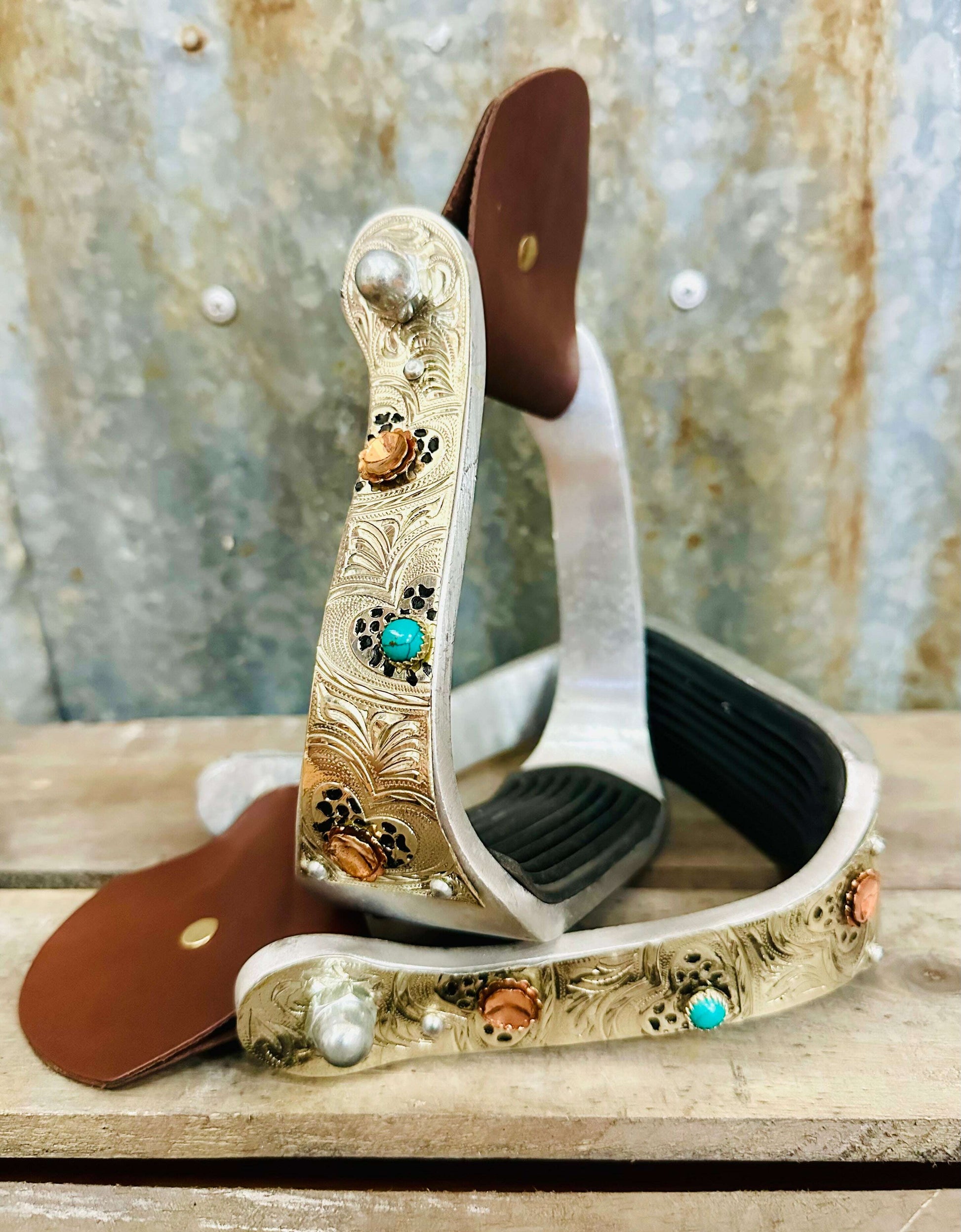 aluminium-stirrups-with-engraved-heart-detailing-and-copper-turquoise-accents-stirrups---dustybutts-australia-35929596