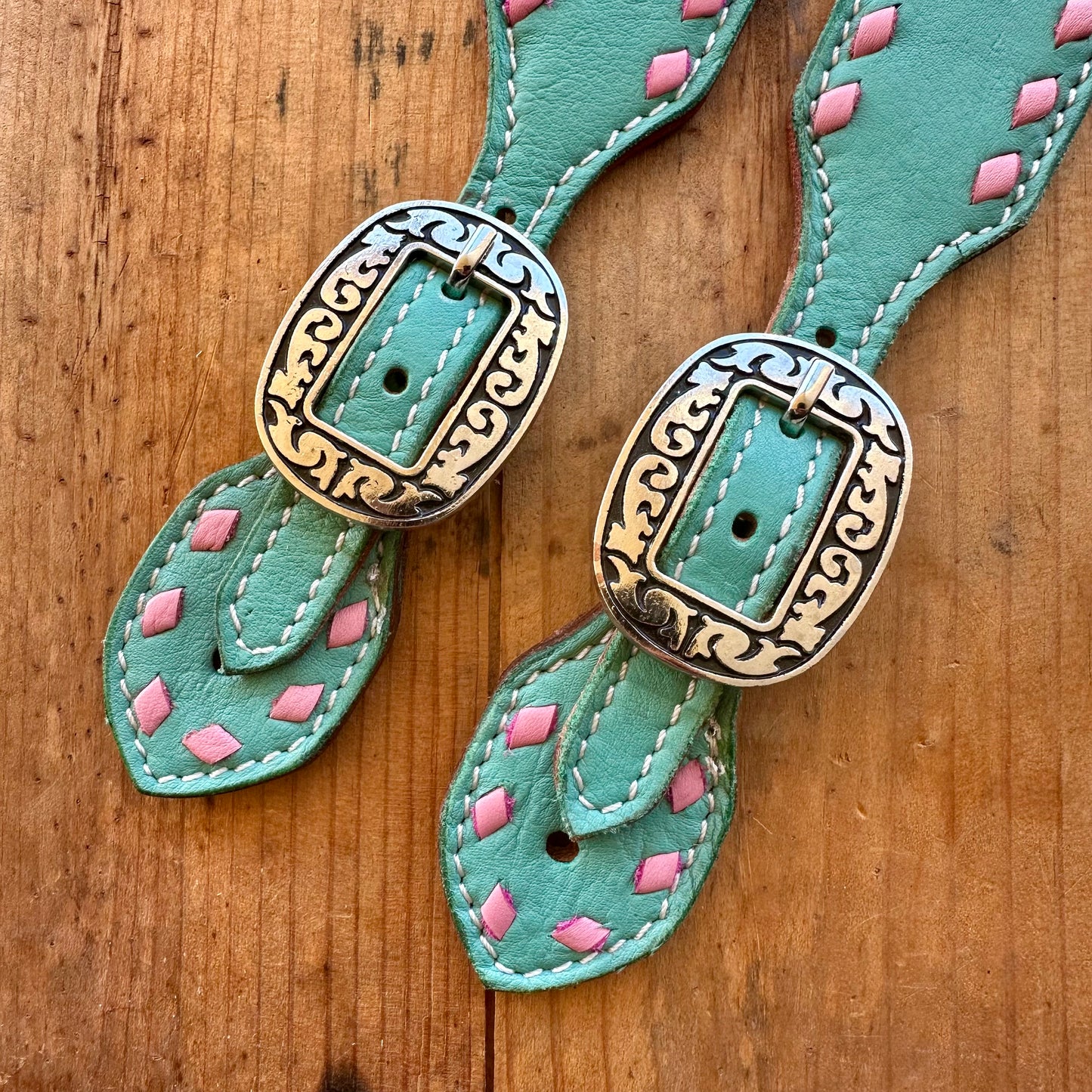 Teal Leather Spur Straps With Light Pink Buckstitch