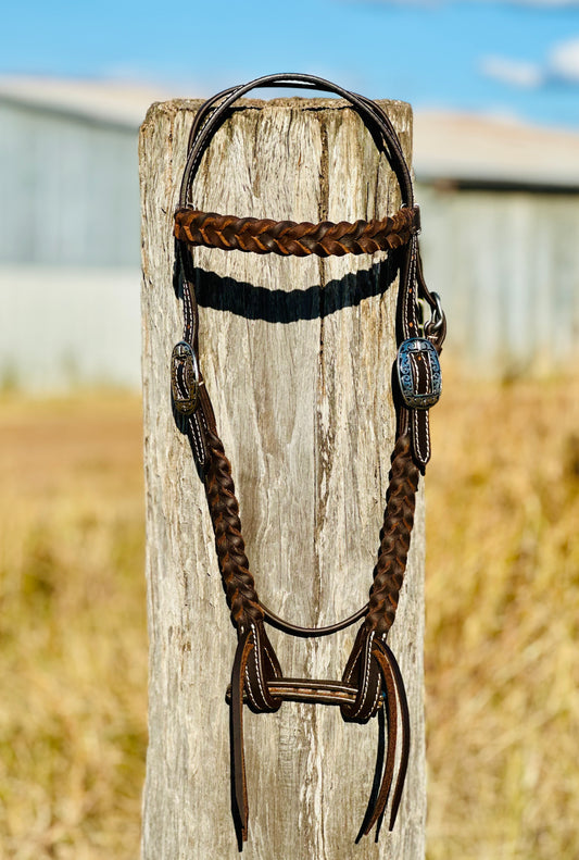 Harness Leather Braided Browband Bridle With Floral Engraved Buckle