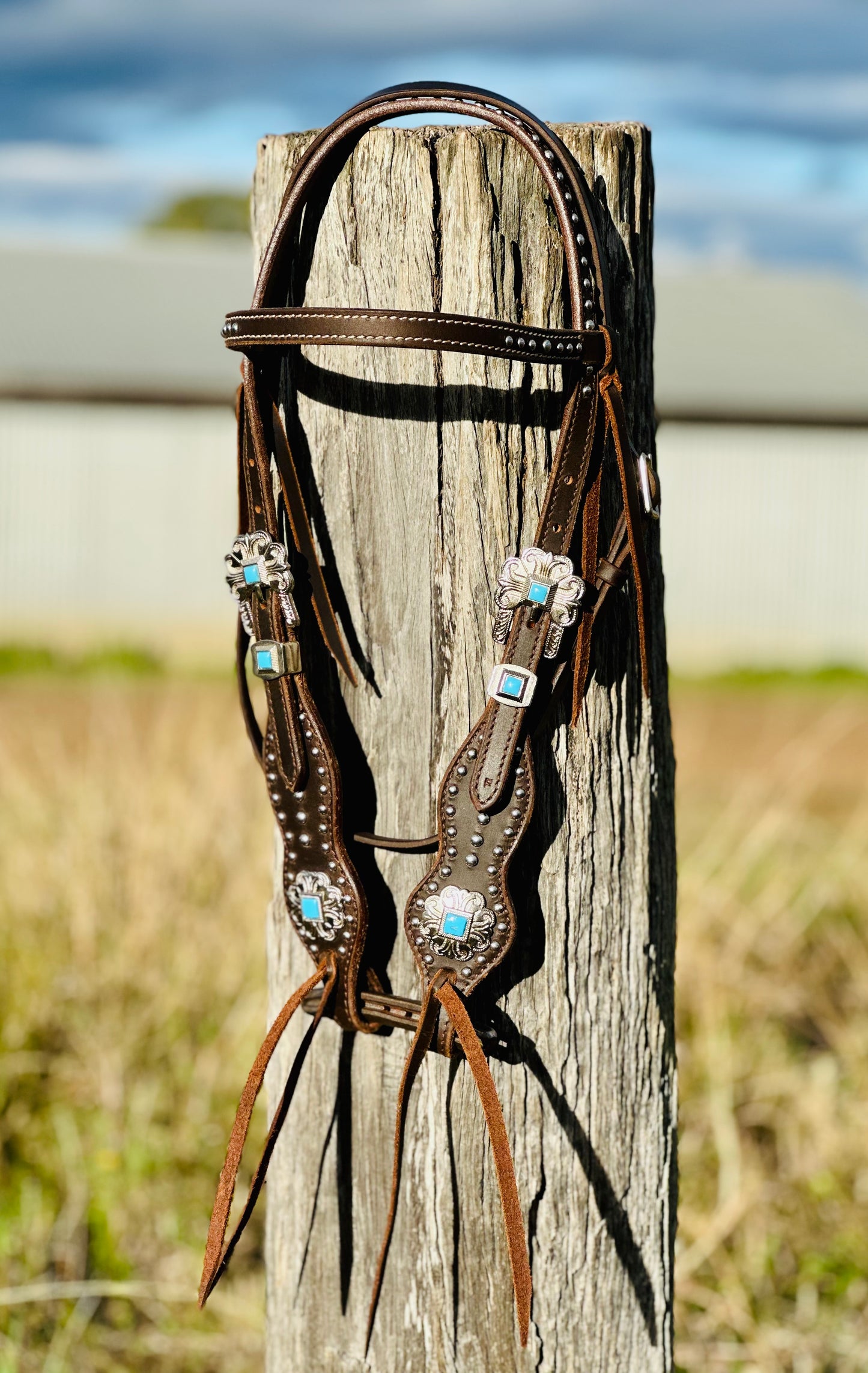 Dustybutts Leather Bridle With Turquoise & Silver Buckles, Conchos & Silver Studs