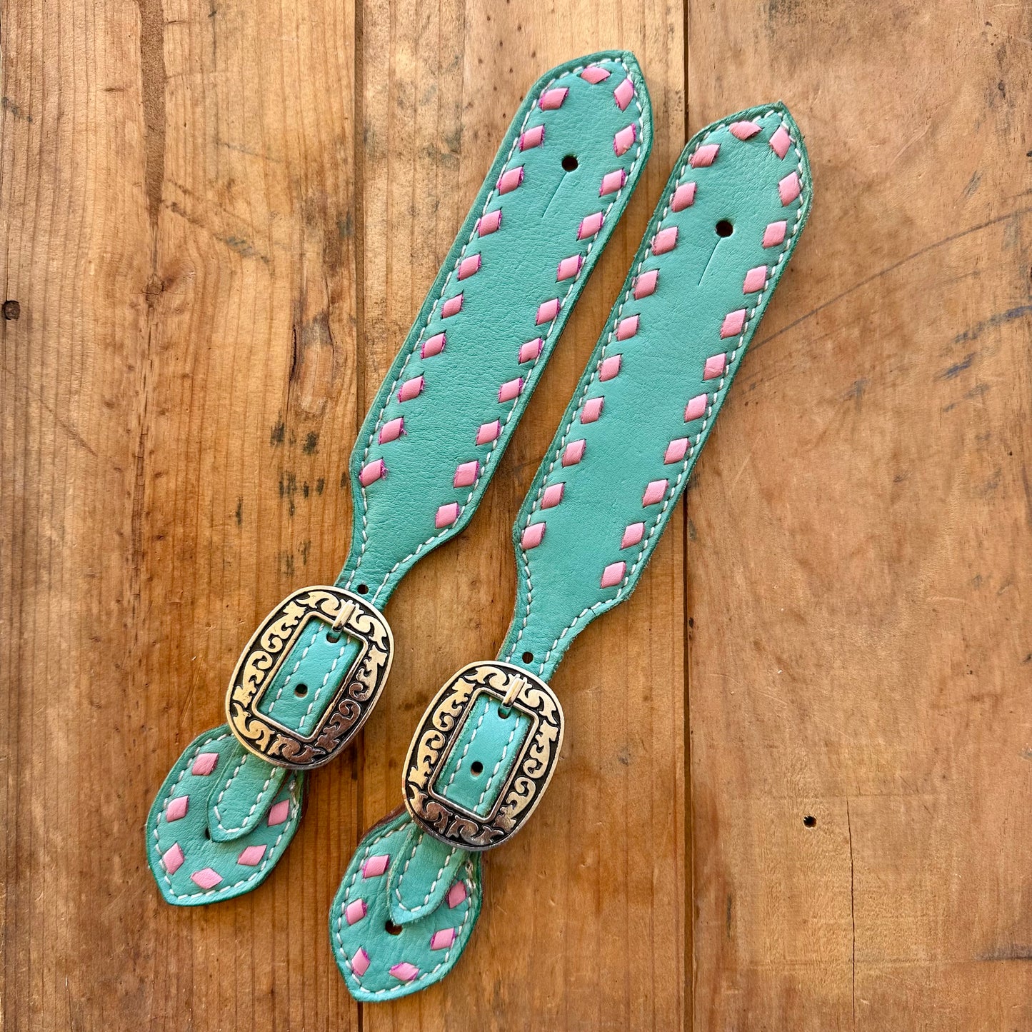 Teal Leather Spur Straps With Light Pink Buckstitch