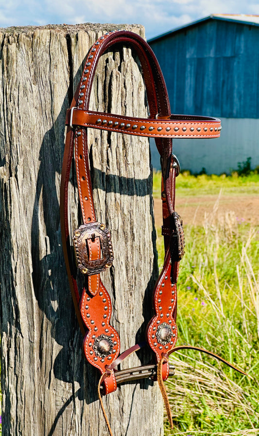 Dustybutts Leather Browband Bridle With Turquoise Buckstitch - Medium Oil