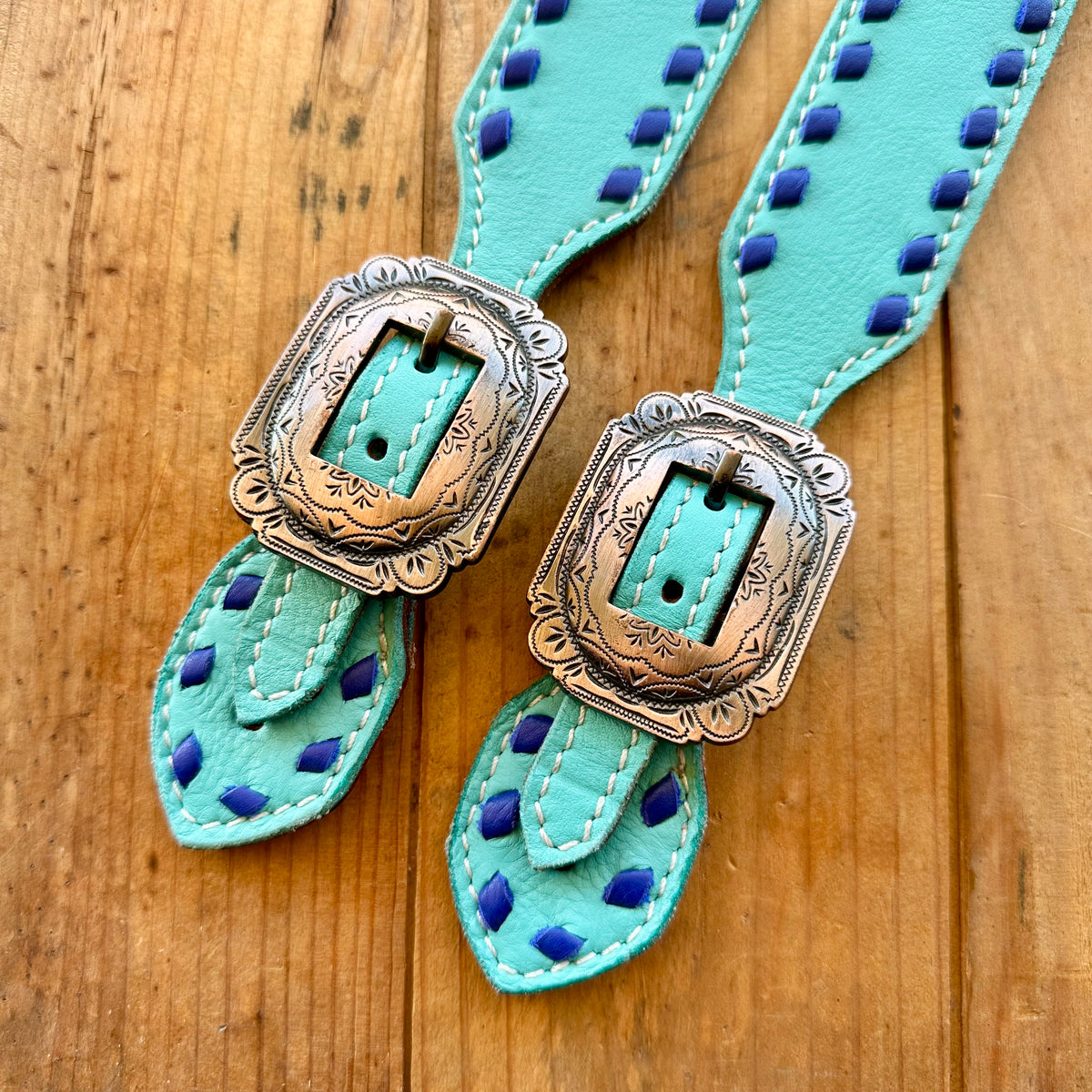 Teal Leather Spur Straps With Dark Blue Buckstitch
