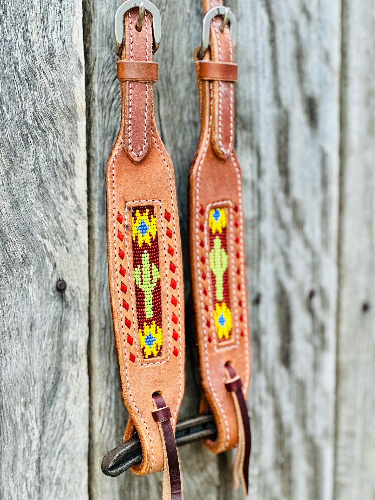 Harness Leather One Eared Beaded Bridle With Cactus Inlay