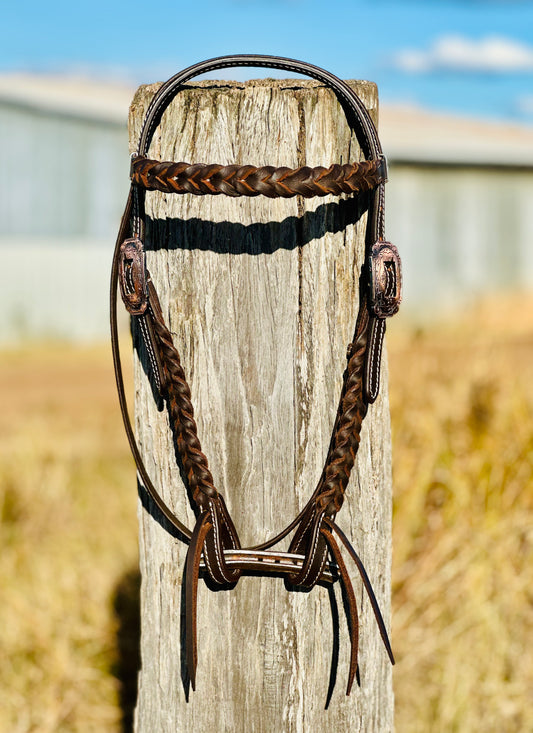 Harness Leather Braided Browband Bridle With Copper Engraved Buckle
