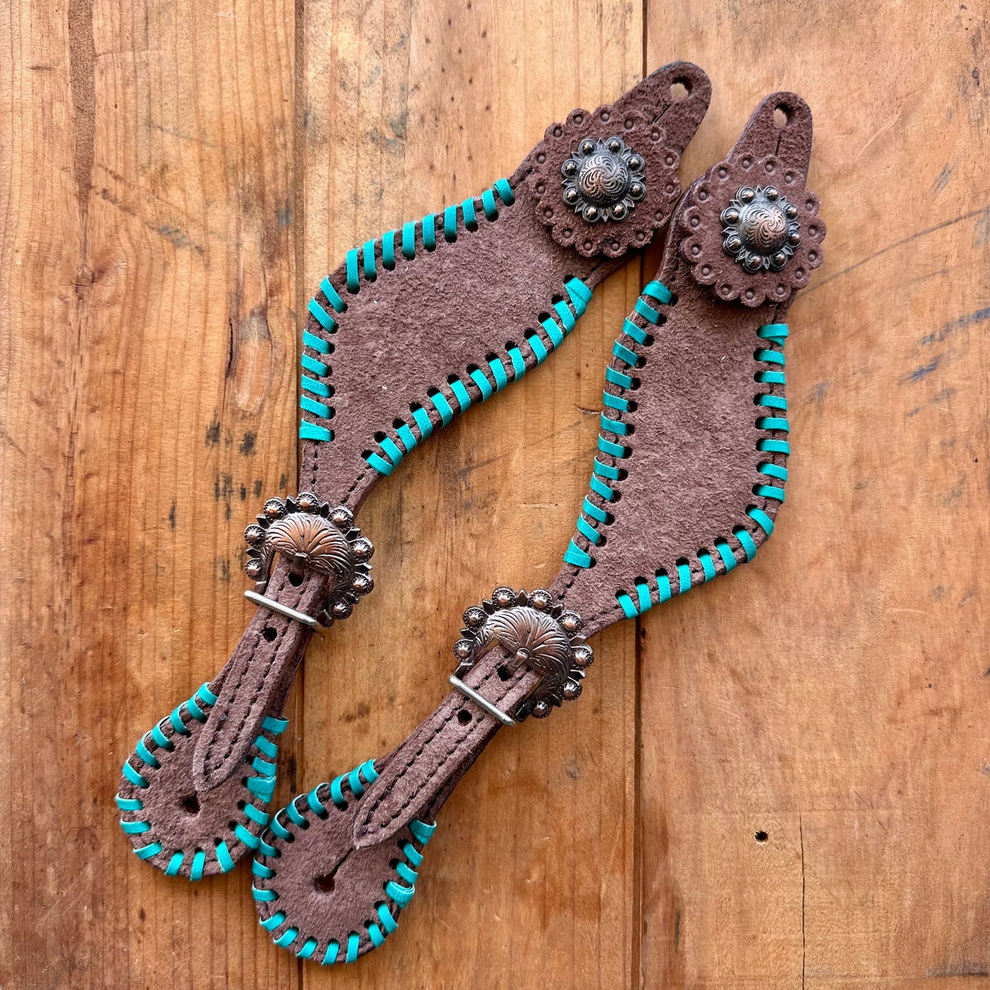 Ladies Leather Spur Straps With Teal Whip Stitch Trim