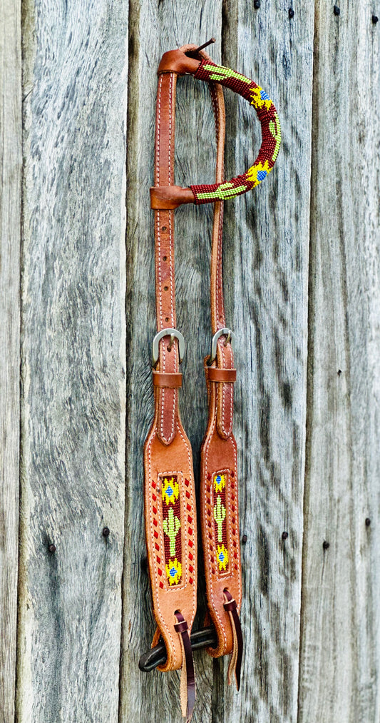 Harness Leather One Eared Beaded Bridle With Cactus Inlay