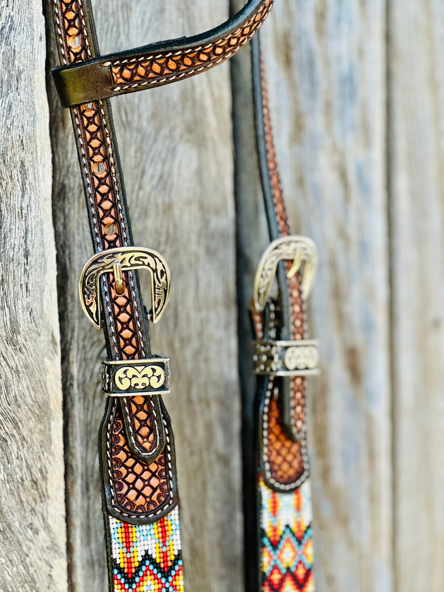 Two Tone Argentina Cow Leather One Ear Bridle with Aztec Beaded Inlays