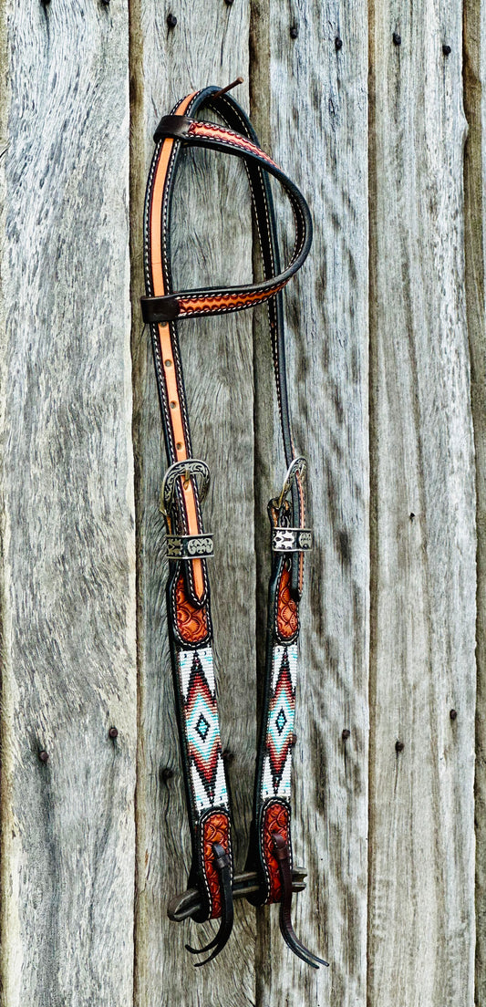 Two Tone Argentina Cow Leather One Ear Bridle with Southwest Beaded Inlays