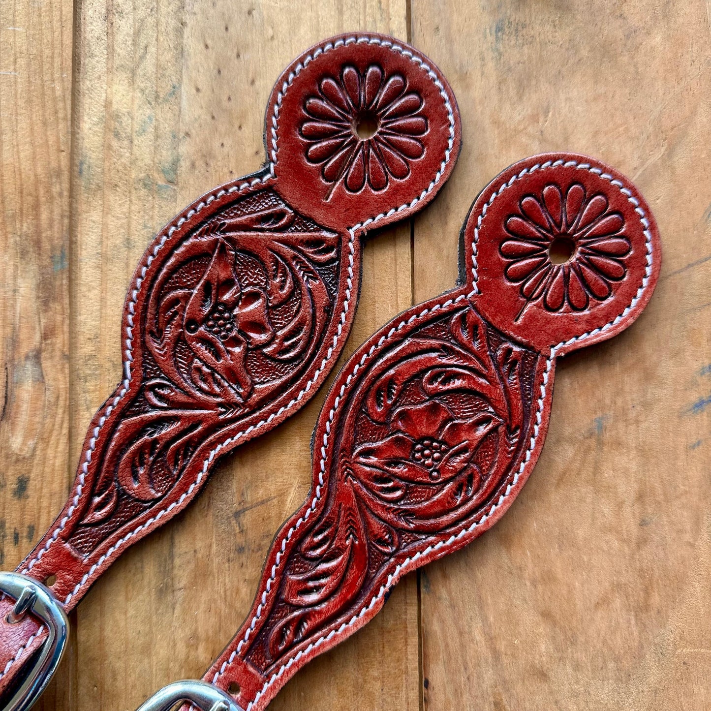 Burgundy Leather Floral Tooled Spur Straps