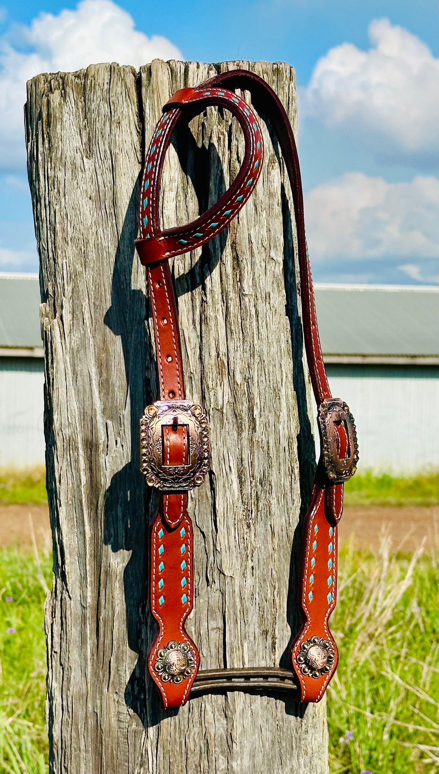 Dustybutts Leather One Eared Bridle With Turquoise Buckstitch - Medium Oil
