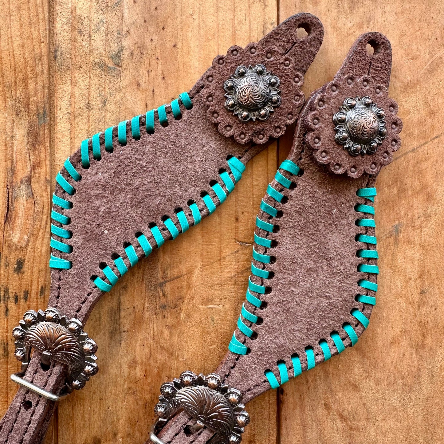 Ladies Leather Spur Straps With Teal Whip Stitch Trim