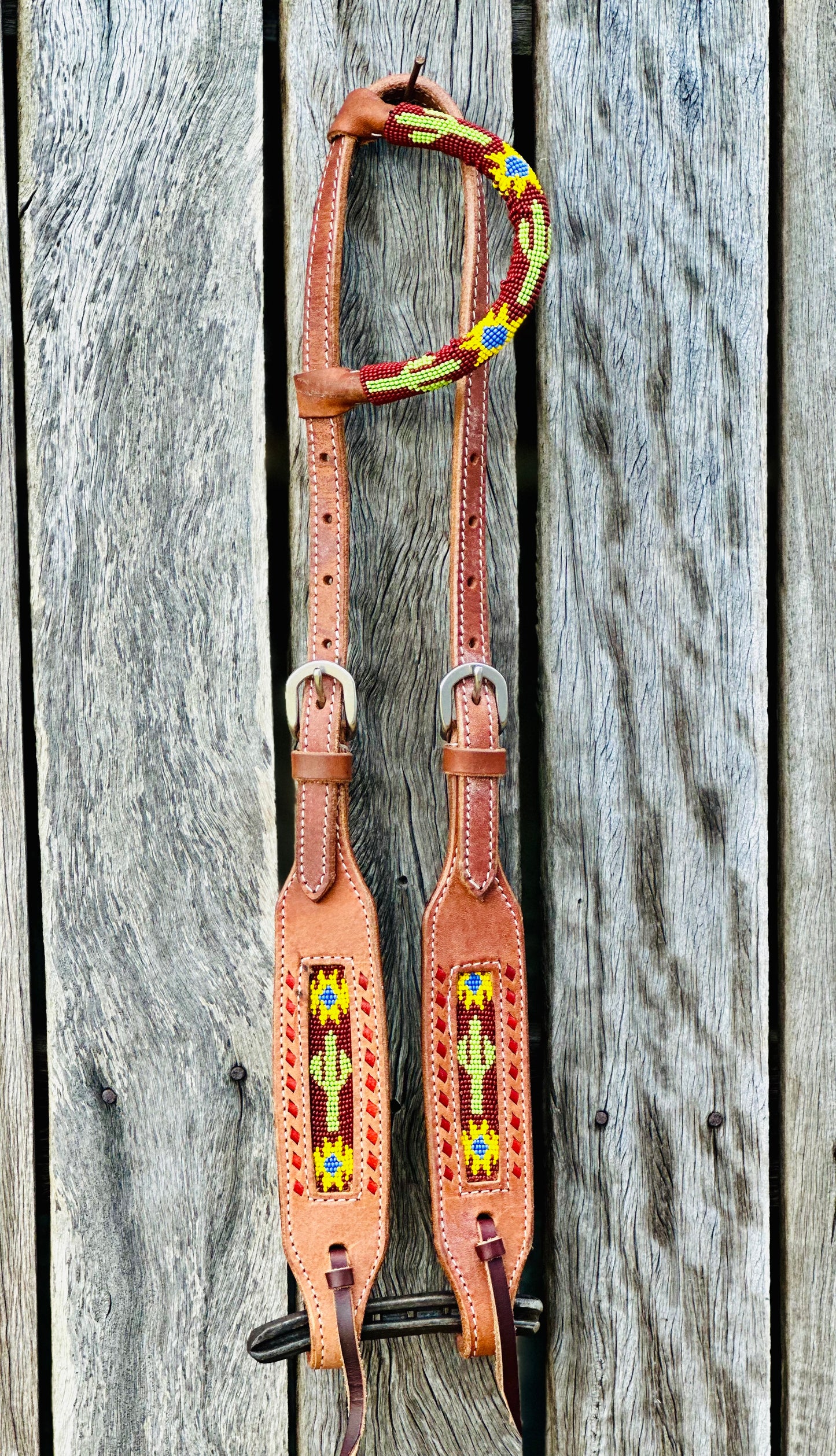 Harness Leather One Eared Beaded Bridle With Cactus Inlay