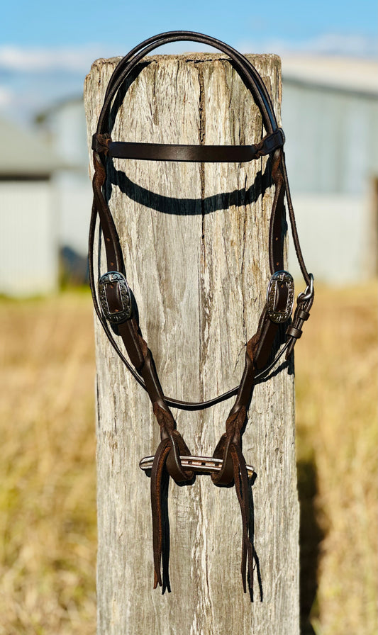 Harness Leather Bloodknot Browband Bridle With Floral Engraved Buckle