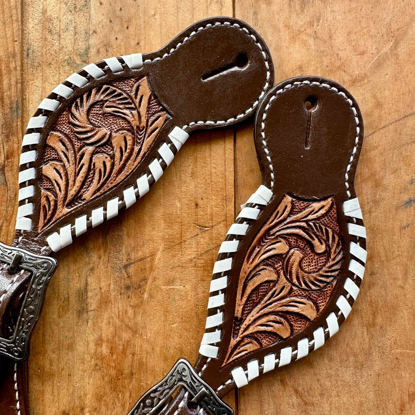 Ladies Leather Spur Strap With Tooled Leather & Rawhide Whip Stitch Edges