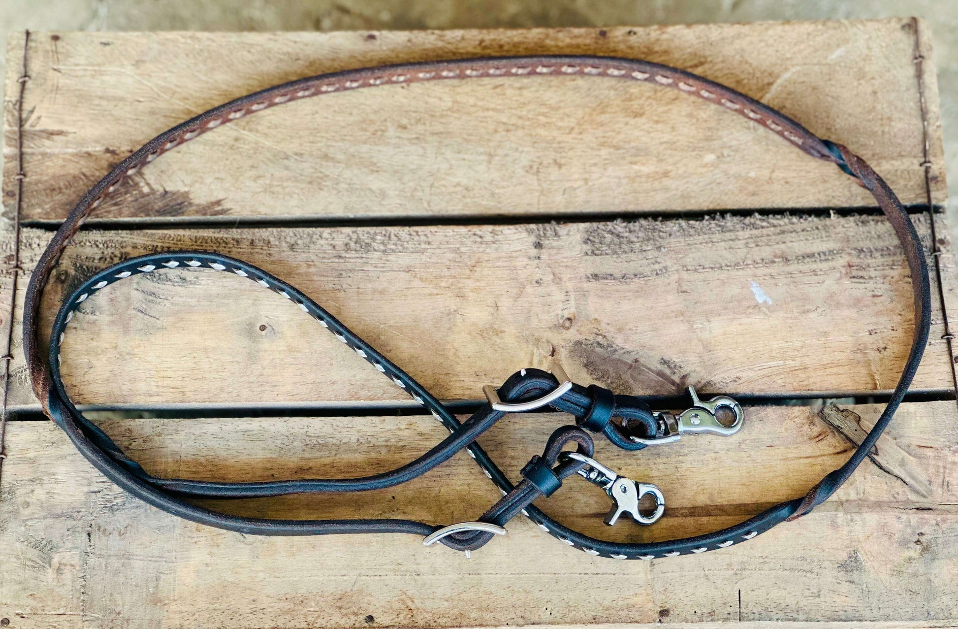 dustybutts-harness-leather-buckstitch-and-bloodknot-barrel-racing-reins---metallic-silver-reins---dustybutts-australia-35929660