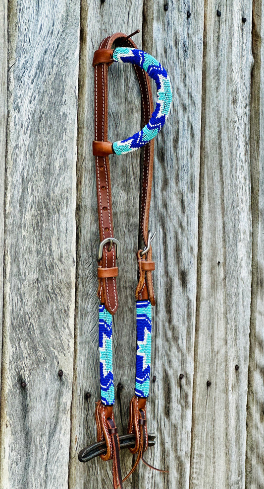 Harness Leather One Eared Beaded Bridle // Turquoise, Blue & White