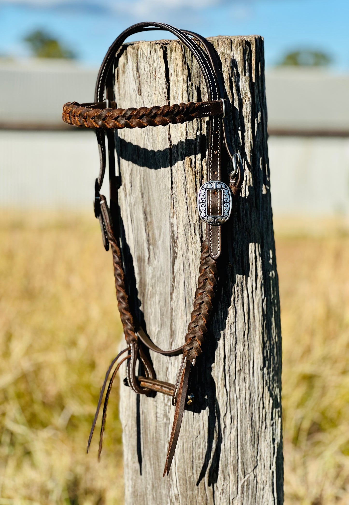 Harness Leather Braided Browband Bridle With Floral Engraved Buckle