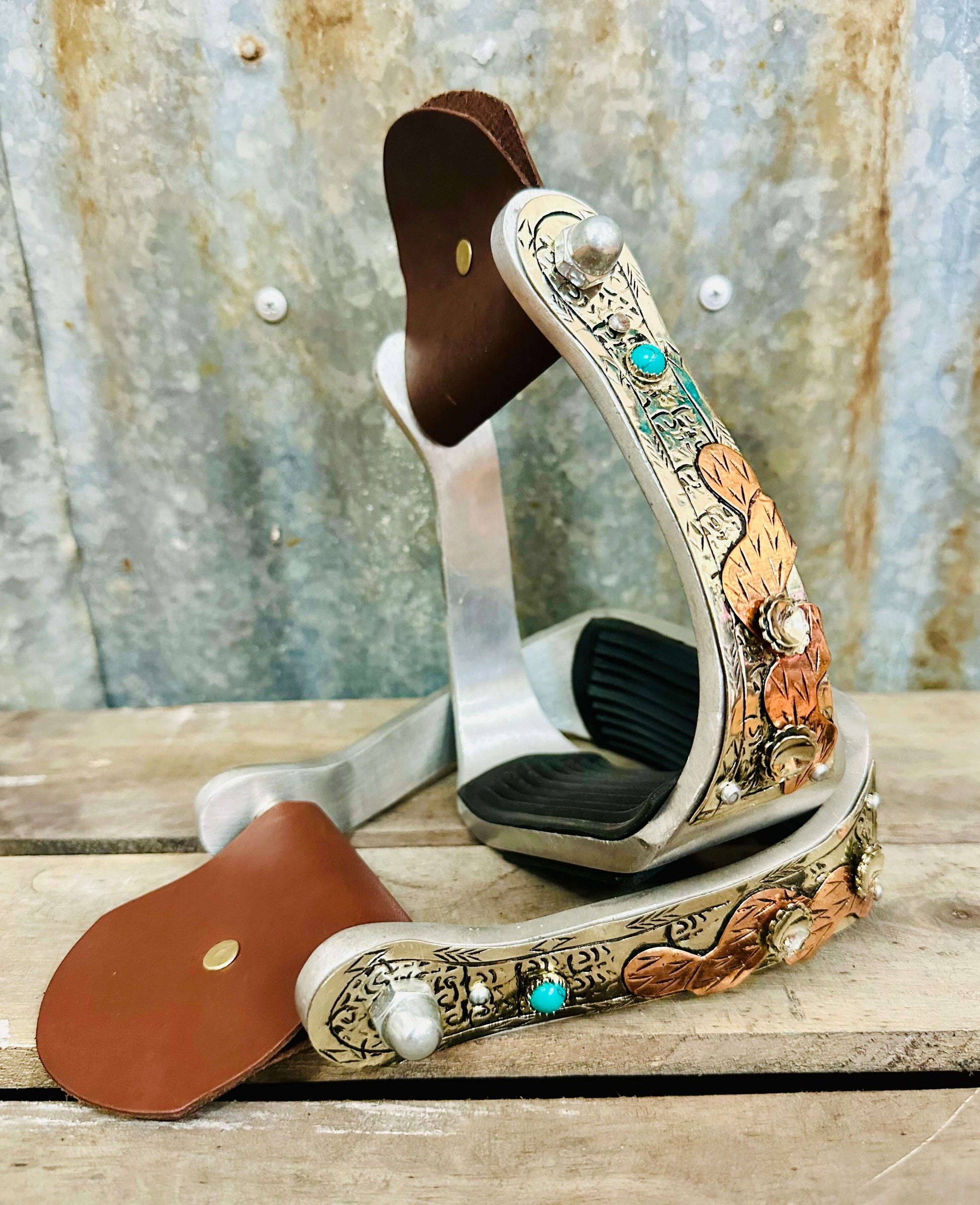 aluminium-copper-cactus-stirrups-with-turquoise-stones-stirrups---dustybutts-australia-35929601