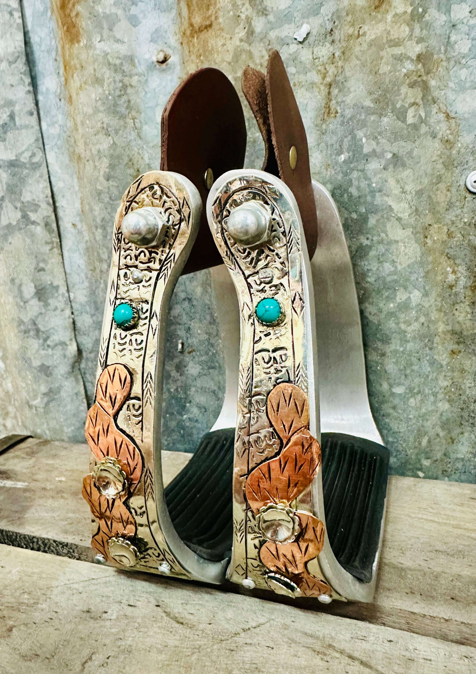 aluminium-copper-cactus-stirrups-with-turquoise-stones-stirrups---dustybutts-australia-35929603