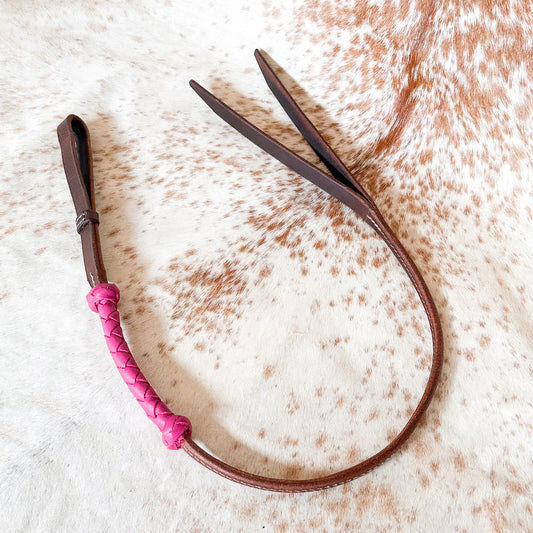 Dustybutts Rolled Harness Braided Leather Quirt / Pink