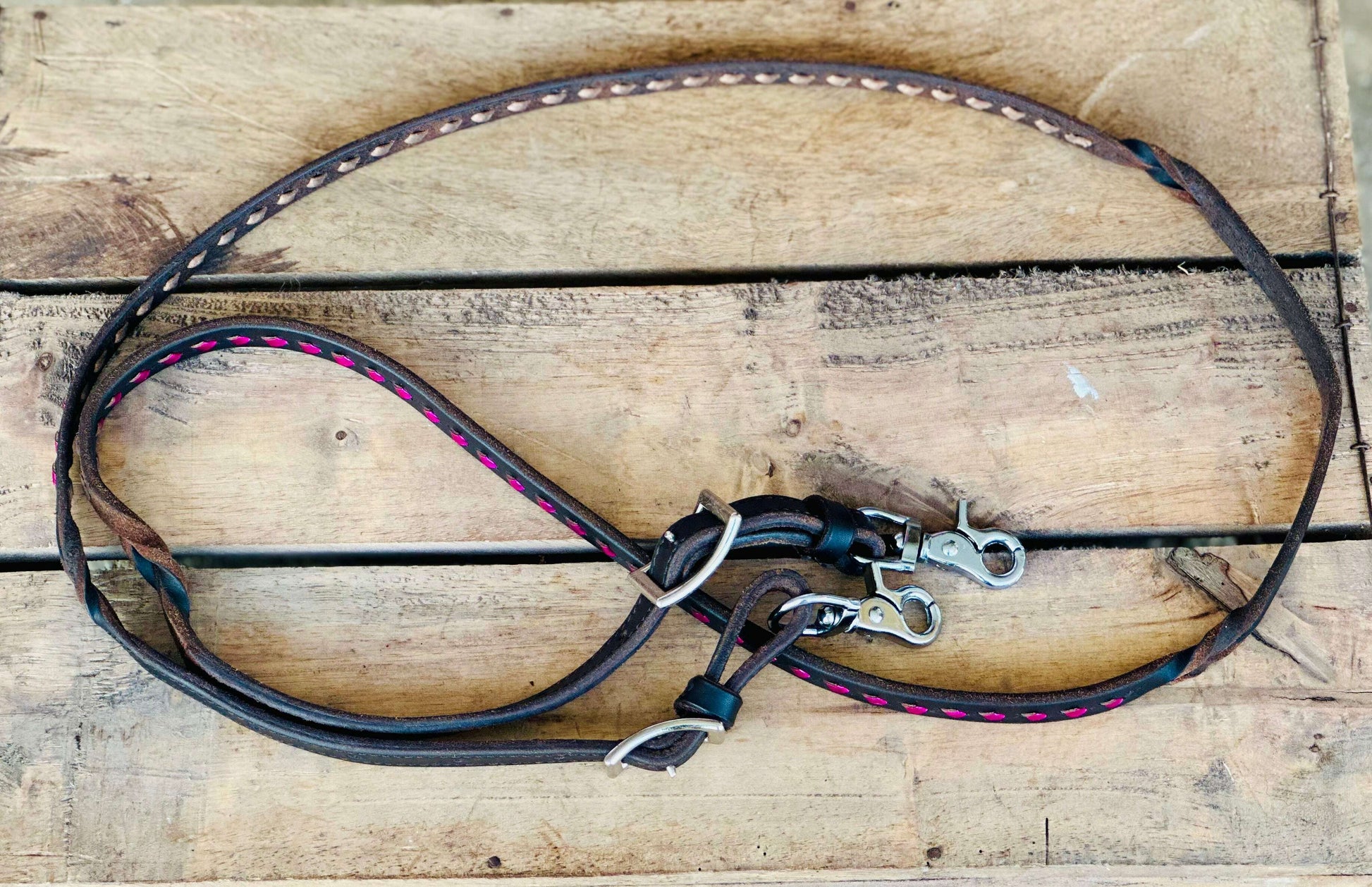 dustybutts-harness-leather-buckstitch-and-bloodknot-barrel-racing-reins---metallic-pink-reins---dustybutts-australia-35929656