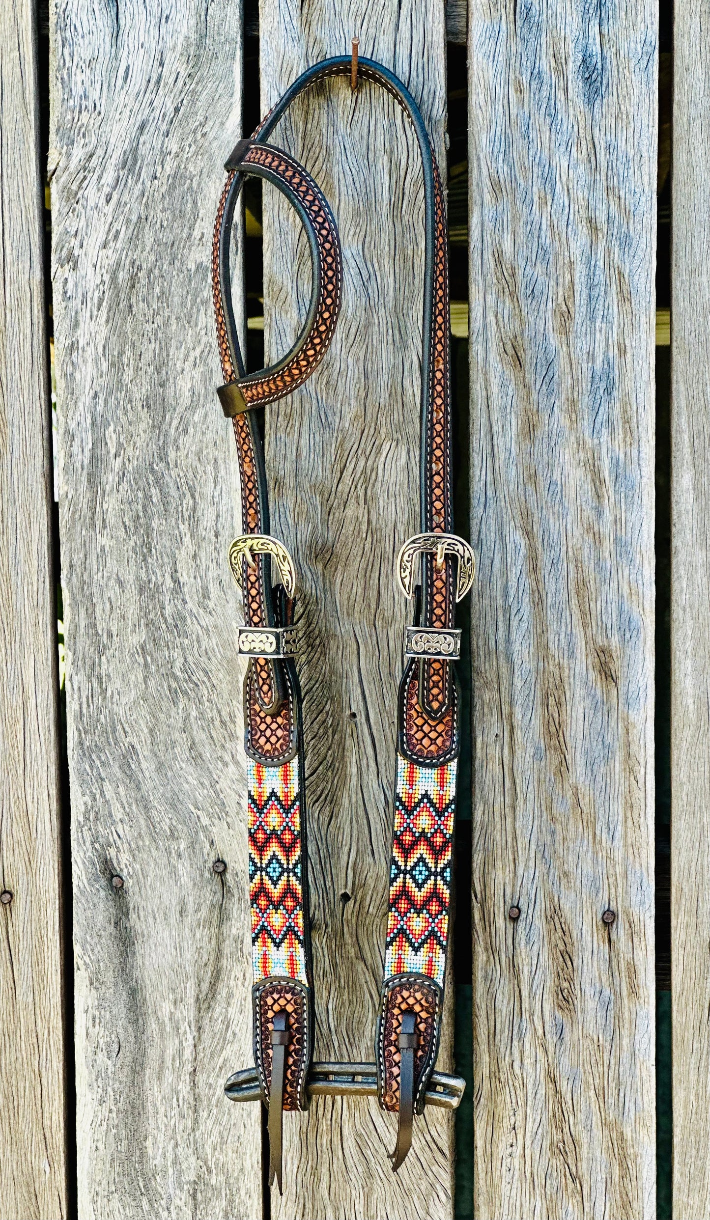 Two Tone Argentina Cow Leather One Ear Bridle with Aztec Beaded Inlays