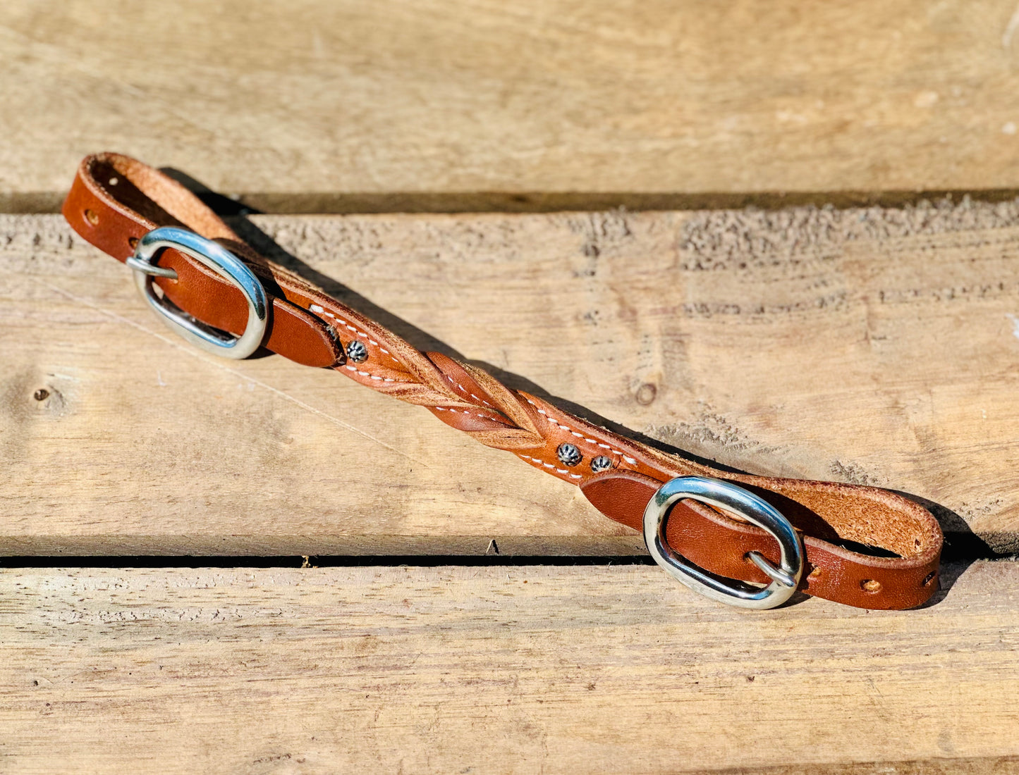 Dustybutts Harness Leather Bloodknot Curb Strap With Sunspots